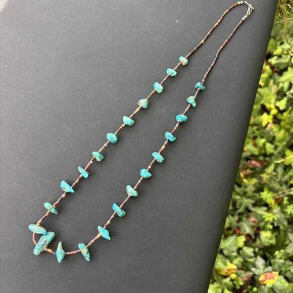 Vintage Turquoise Nugget and Heishi Beaded Necklace Sterling Silver Clasp 28” - Picture 2 of 8